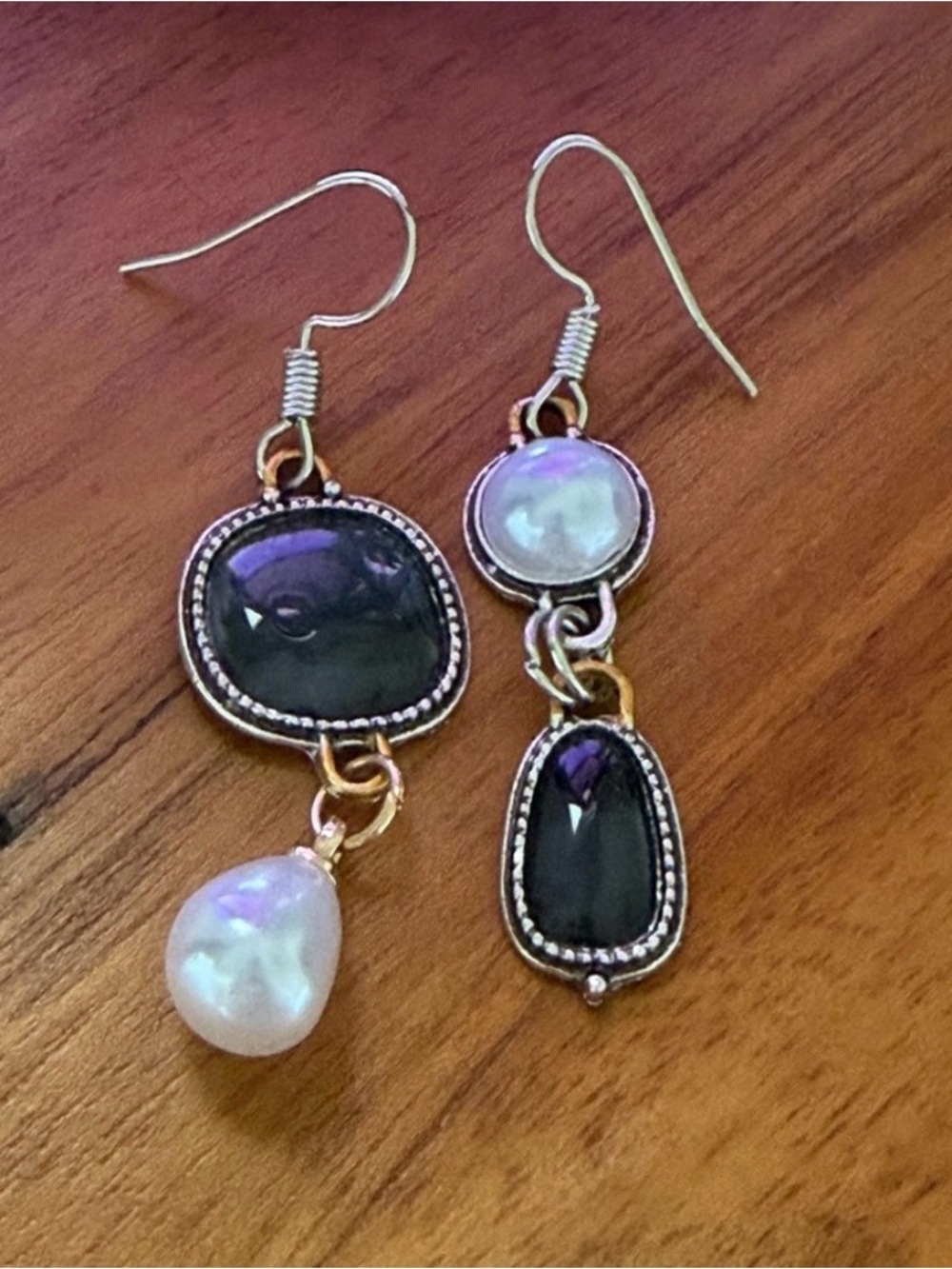 Asymmetrical Navy Blue and Pearl Drop Earrings